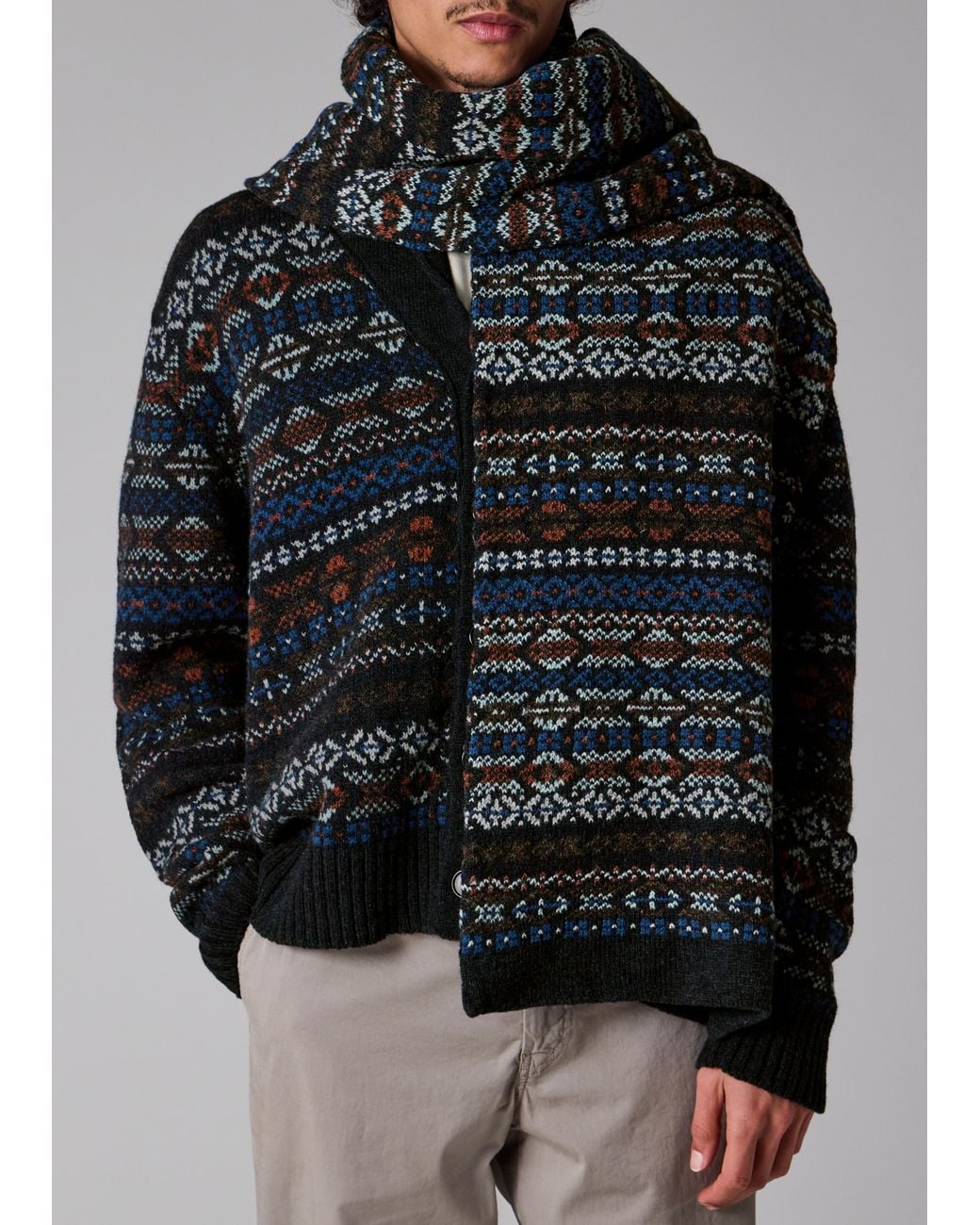 Paul Smith Black Fair Isle Wool Scarf for men