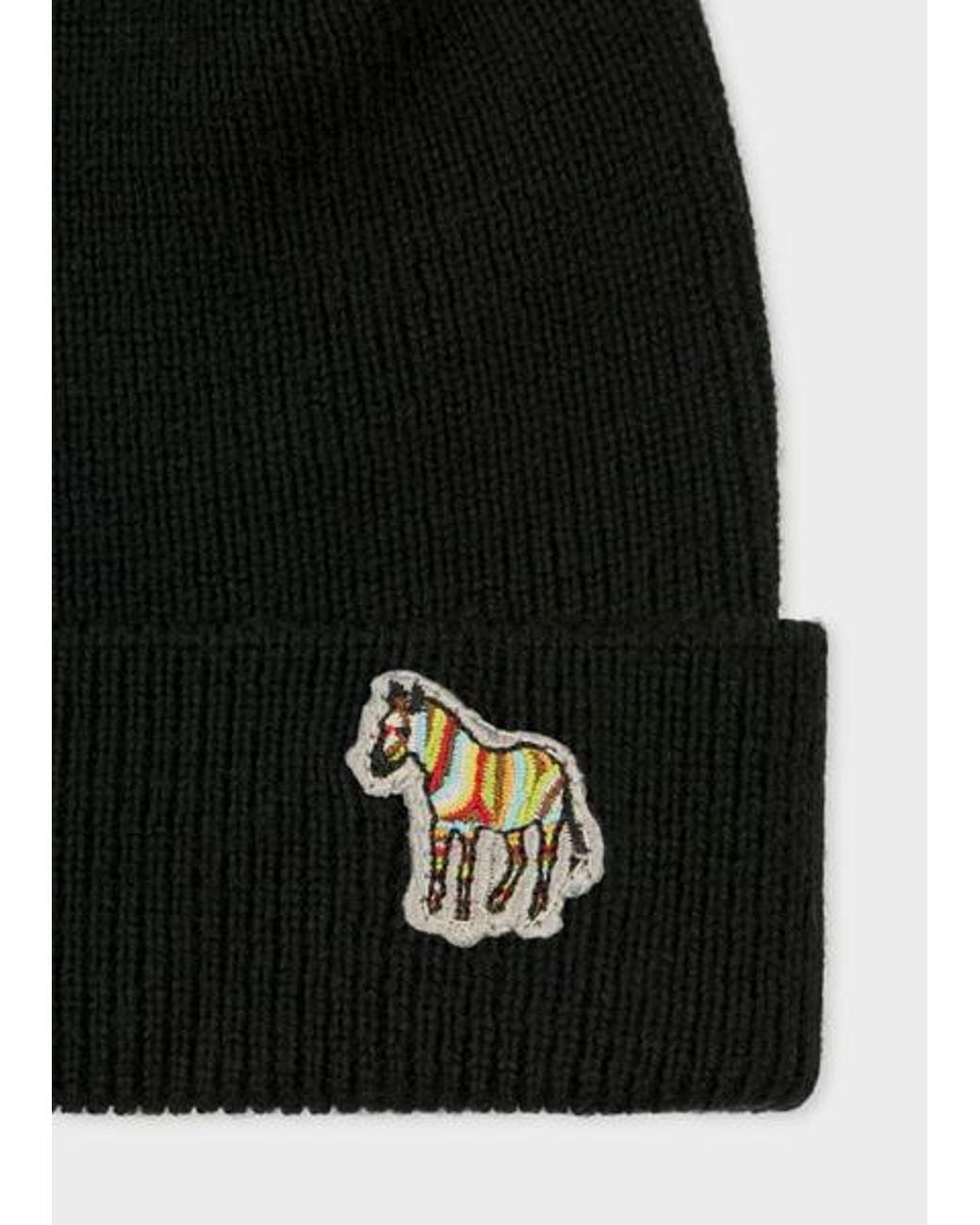 Paul Smith Black Merino Wool Zebra Beanie Hat for men