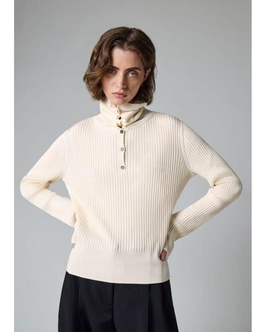 Paul Smith Natural Ecru Ribbed Knit Sailor-Collar Button Sweater