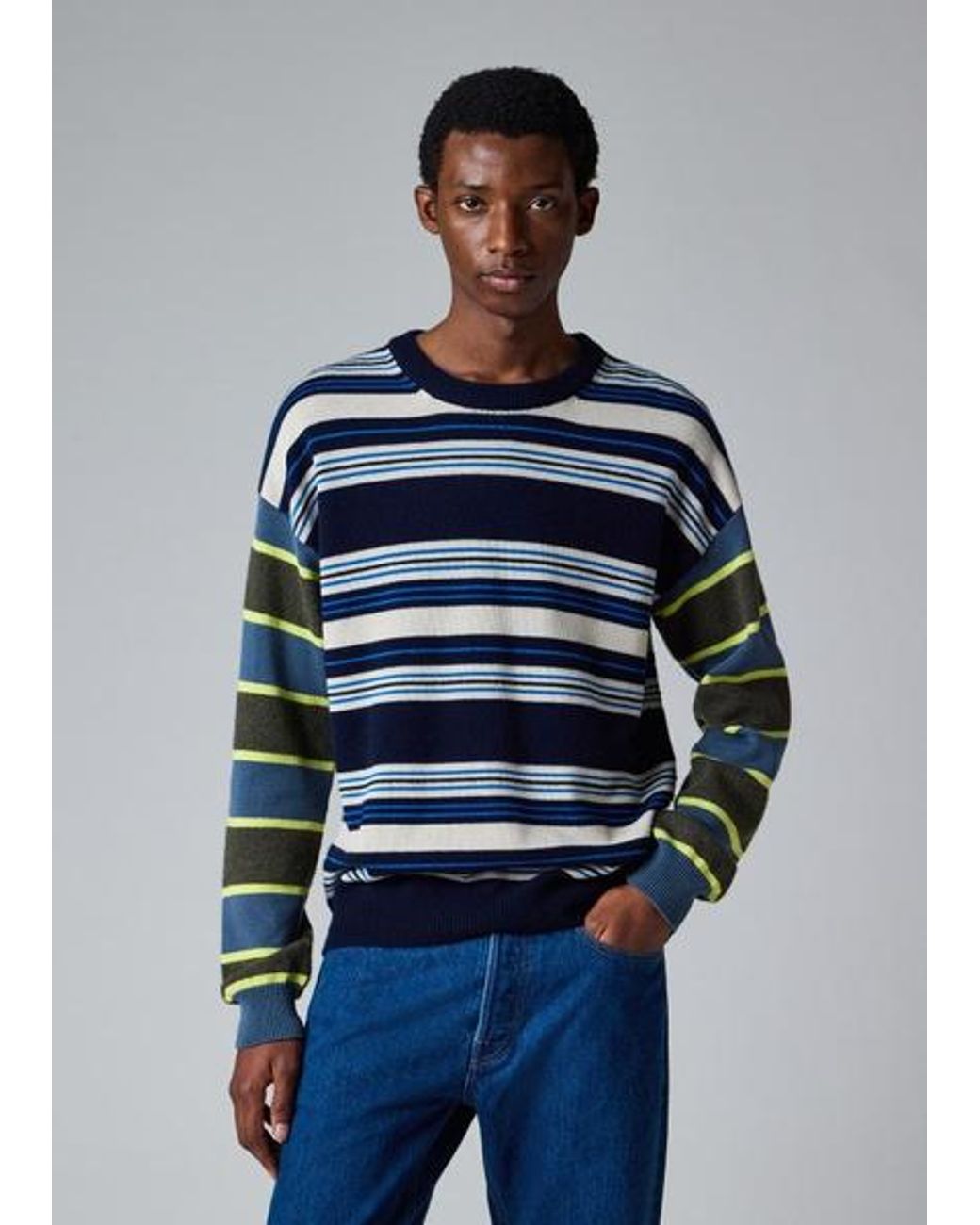 Paul Smith Blue Contrast-Sleeve Lambswool-Cotton Stripe Sweater for men