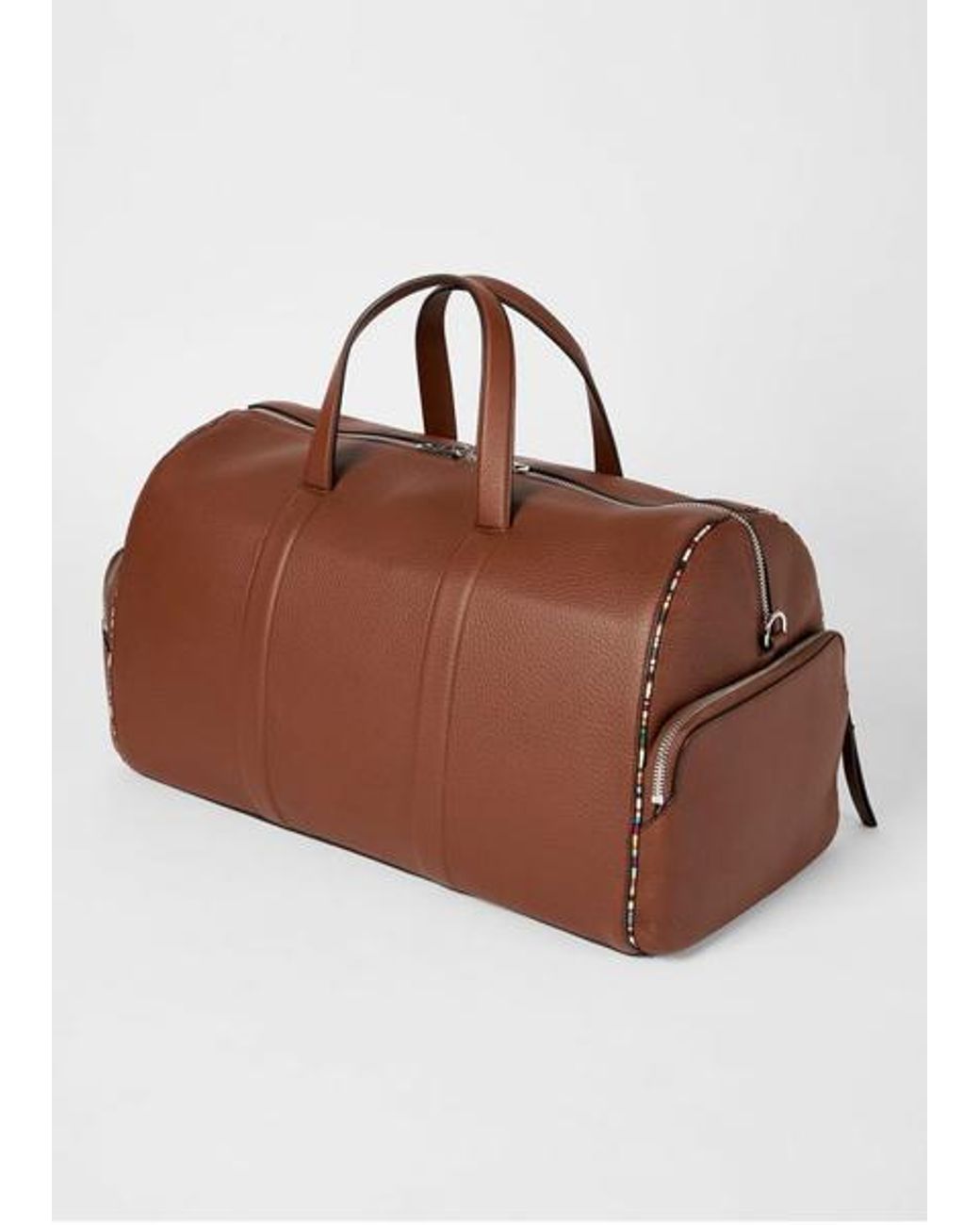 Paul Smith Brown Tan Leather 'Signature Stripe' Piping Holdall for men