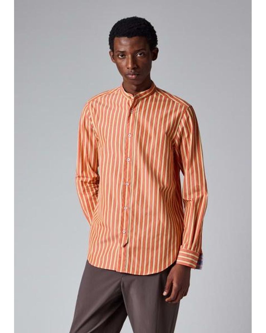 Paul Smith Blue Stripe Grandad-Collar Shirt for men