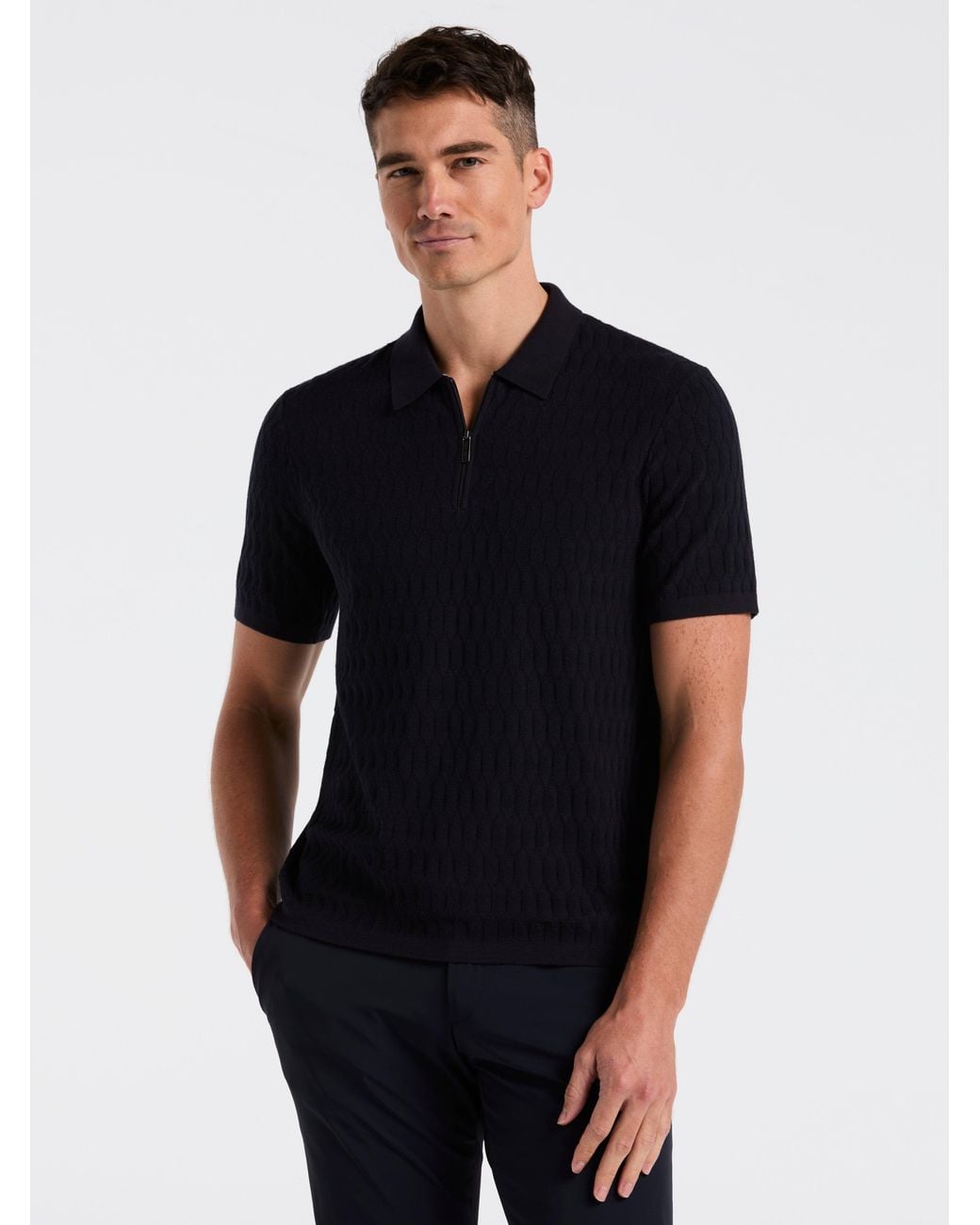 Perry Ellis Black Geometric Pattern Zip Sweater Polo for men