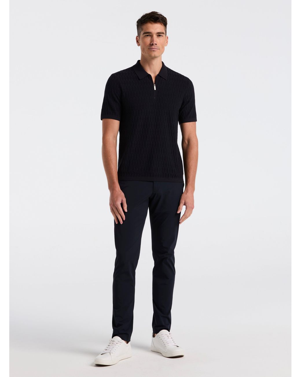 Perry Ellis Black Geometric Pattern Zip Sweater Polo for men