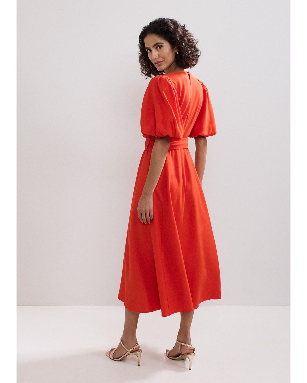 Phase Eight Red Zarah Plain Puff Sleeve Midi Dress