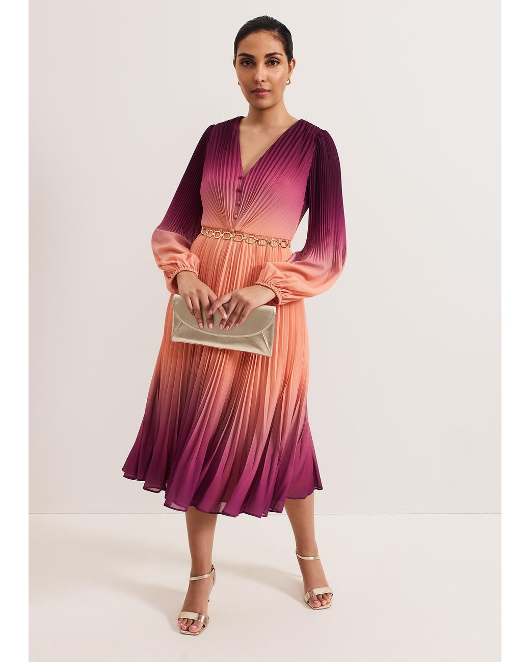 Phase Eight Red Petite Mira Ombre Button Detail Pleat Dress