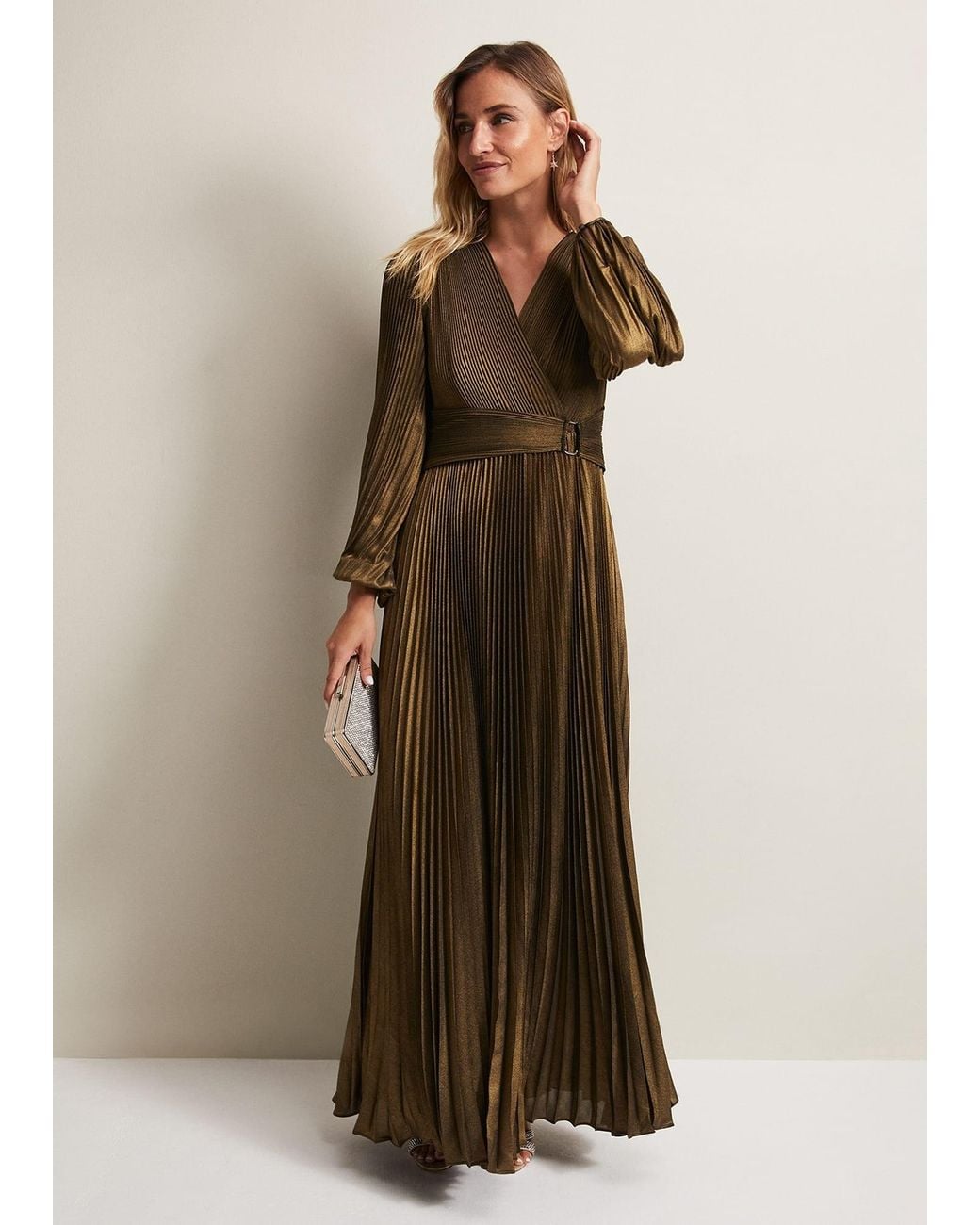 Phase Eight Natural Adrianna Foil Pleated Maxi Dress