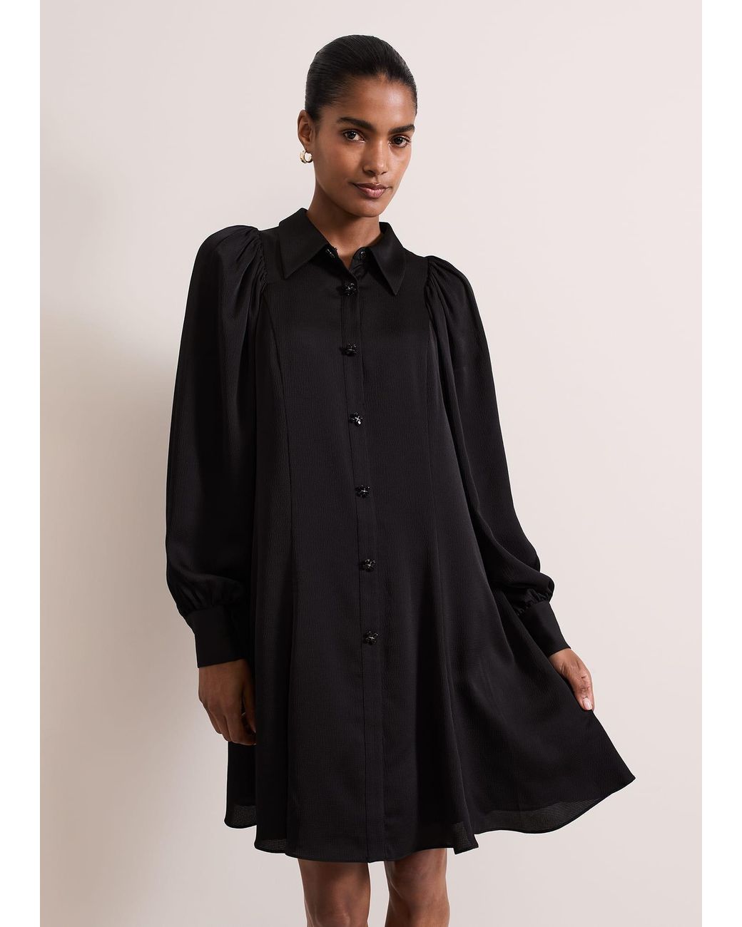 Phase Eight Black Tila Satin Embellished Shirt Dress