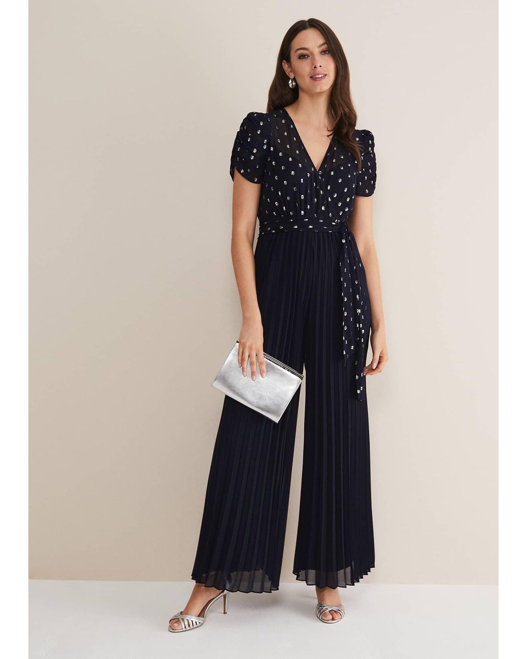 Phase Eight Blue Molli Spot Pleated Jumpsuit