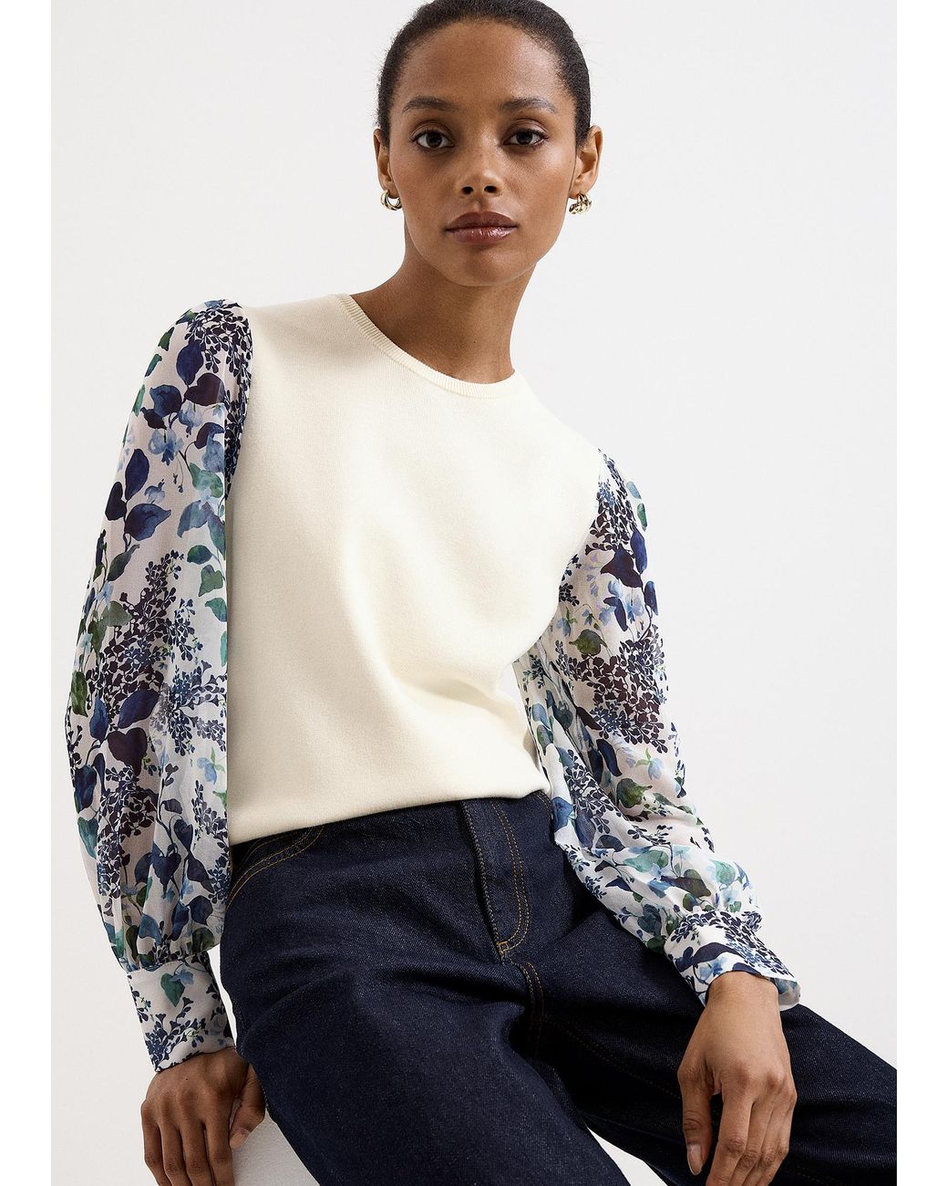 Phase Eight White Shiloh Woven Sleeve Printed Top