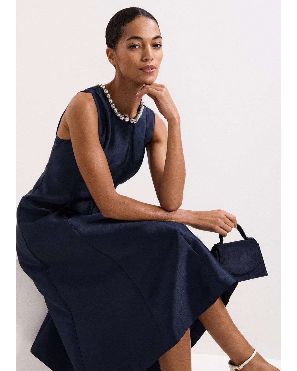 Phase Eight Blue Judy Satin Twill Jewelled Dress