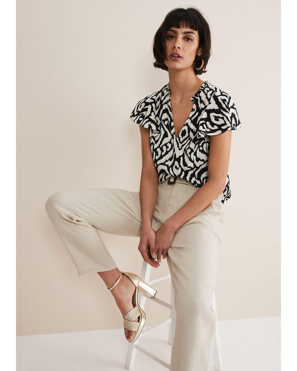 Phase Eight Natural Dalia Ikat Ruffle Top