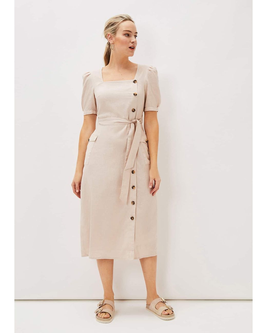 Phase Eight Natural Elletta Square Neck Linen Dress