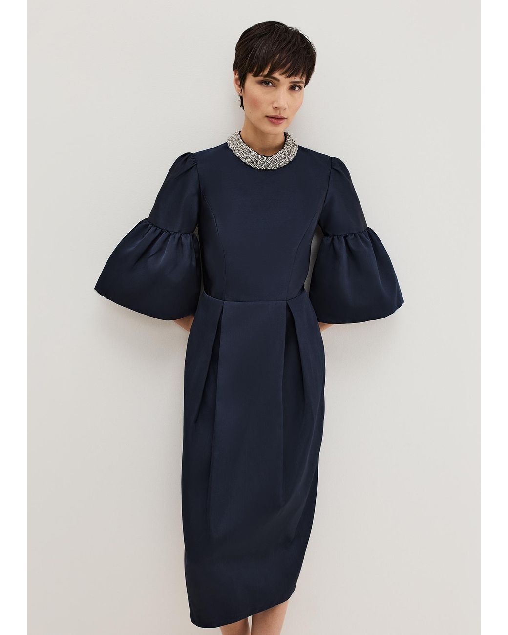 Phase Eight Blue Audrey Jewelled Neck Midi Dress