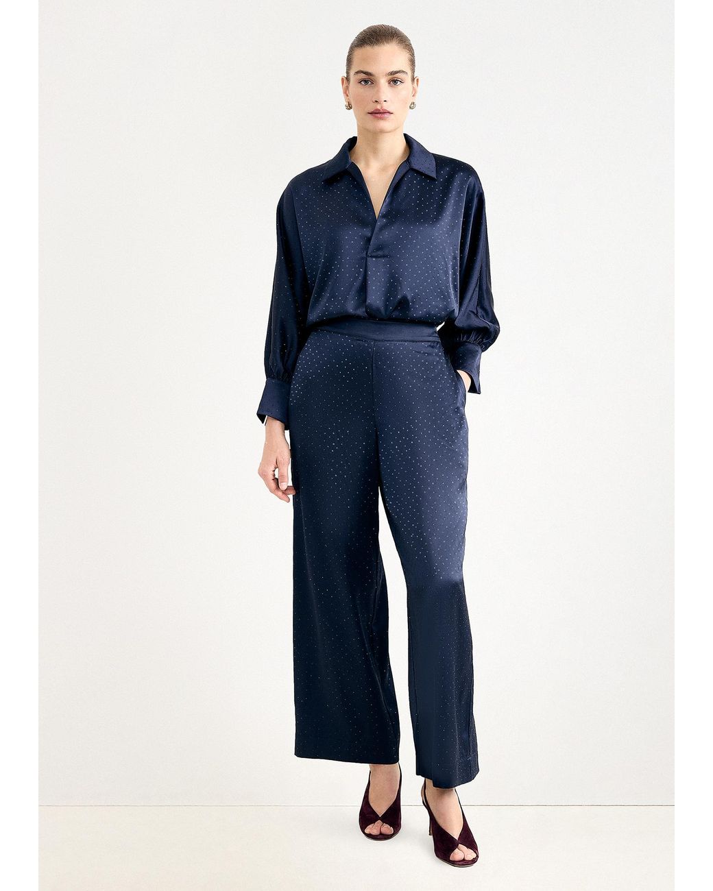 Phase Eight Blue Juliette Embellished Satin Trousers
