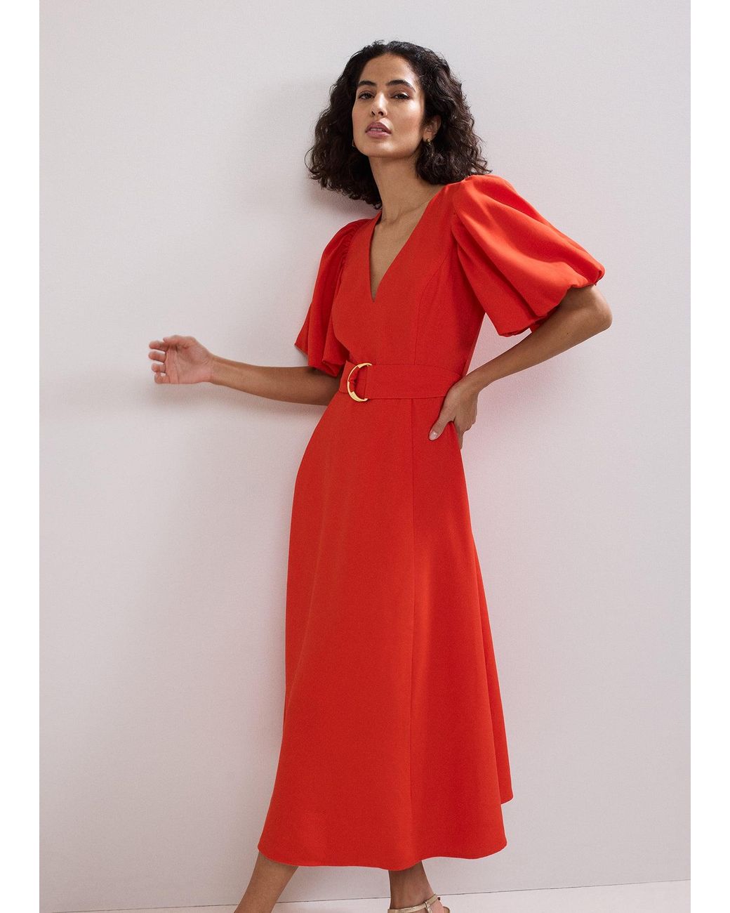 Phase Eight Red Zarah Plain Puff Sleeve Midi Dress