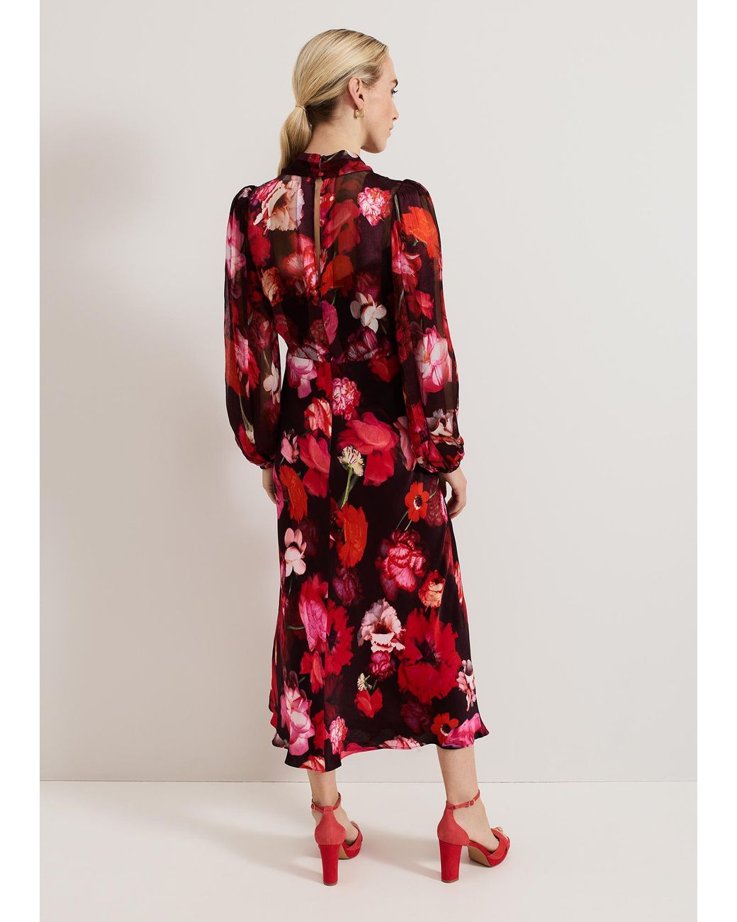Phase Eight Red Eleni Floral Tie Neck Midi Dress