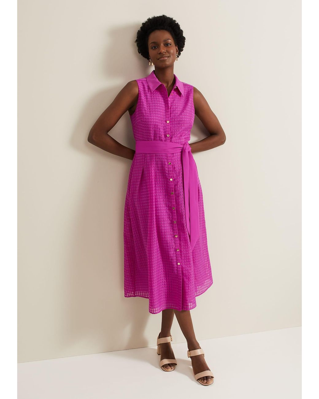 Phase Eight Pink Carey Sleeveless Check Midi Dress