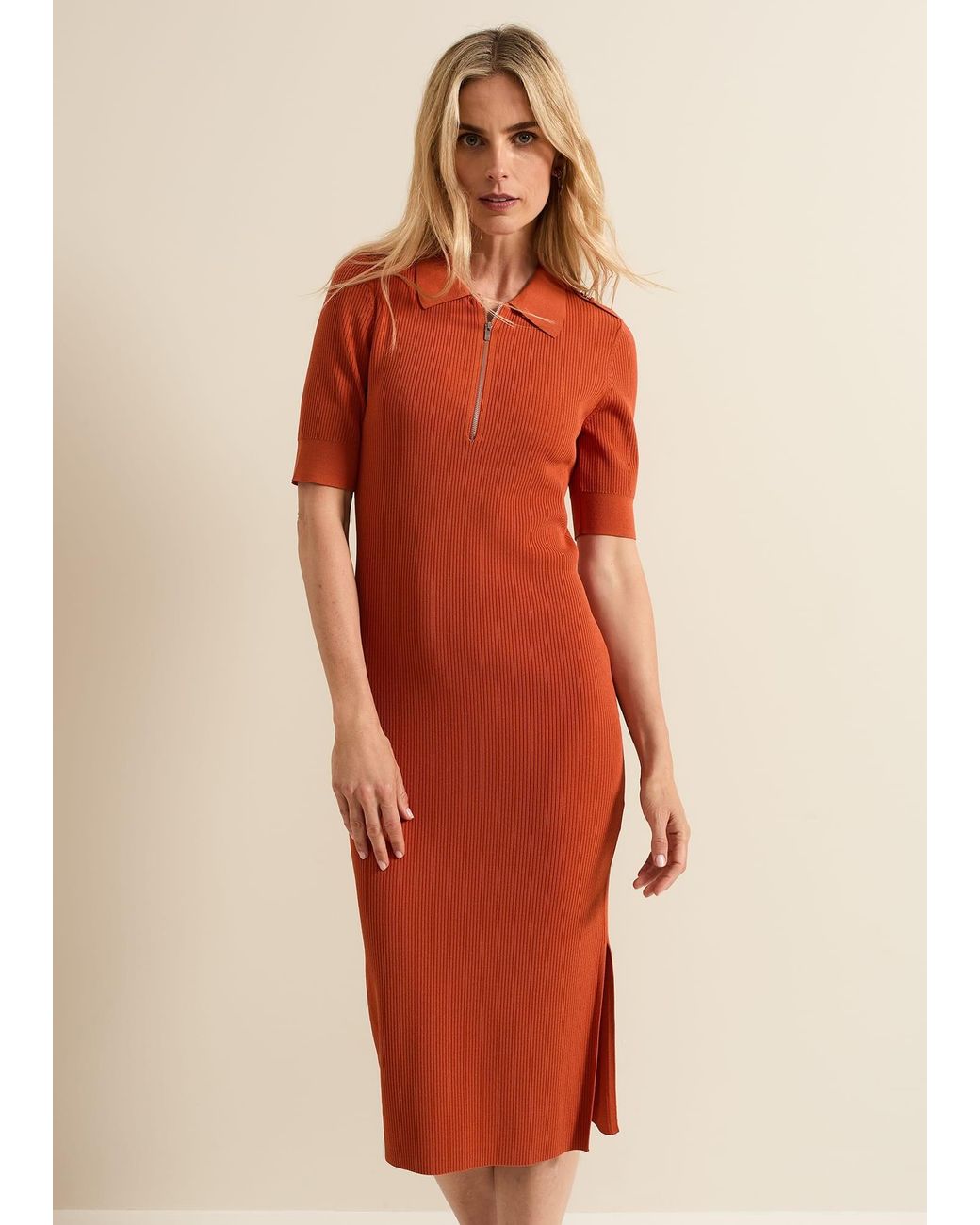 Phase Eight Orange Perrie Ribbed Zip Midi Dress