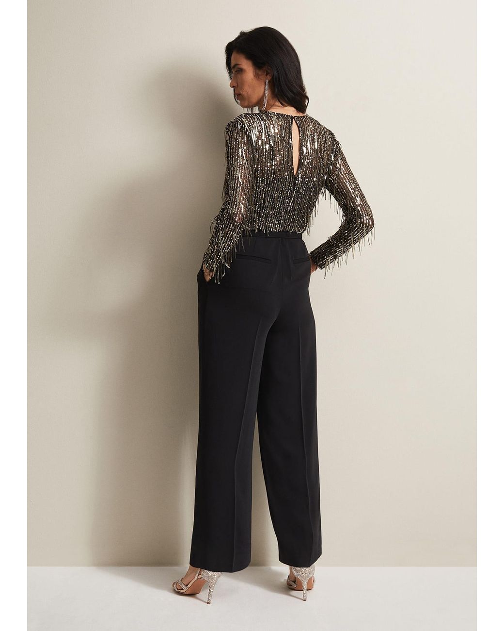 Phase Eight Black Mariah Sequin Fringe Wide Leg Jumpsuit