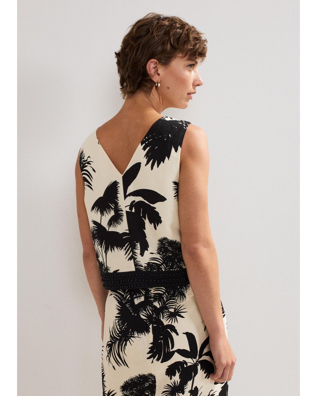 Phase Eight White Vittoria Palm Print Linen Beaded Top