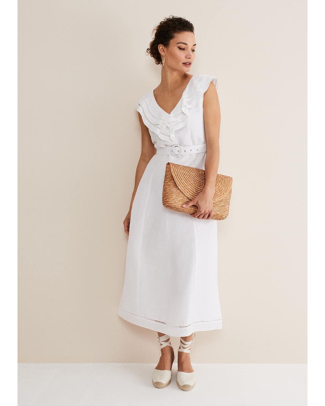 Phase Eight Natural Julieta Linen Ruffle Broderie Midi Dress