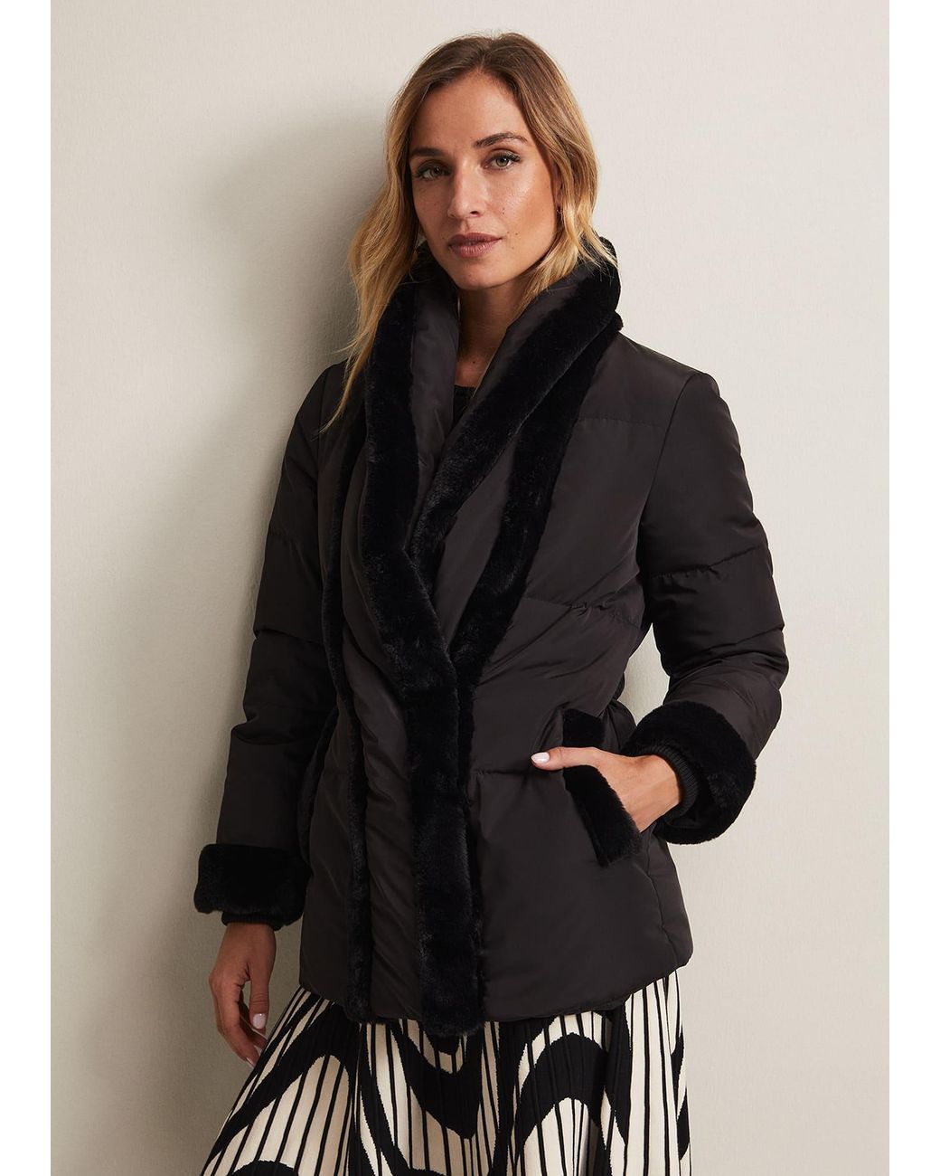 Phase Eight Black Nelle Faux Fur Short Puffer Coat