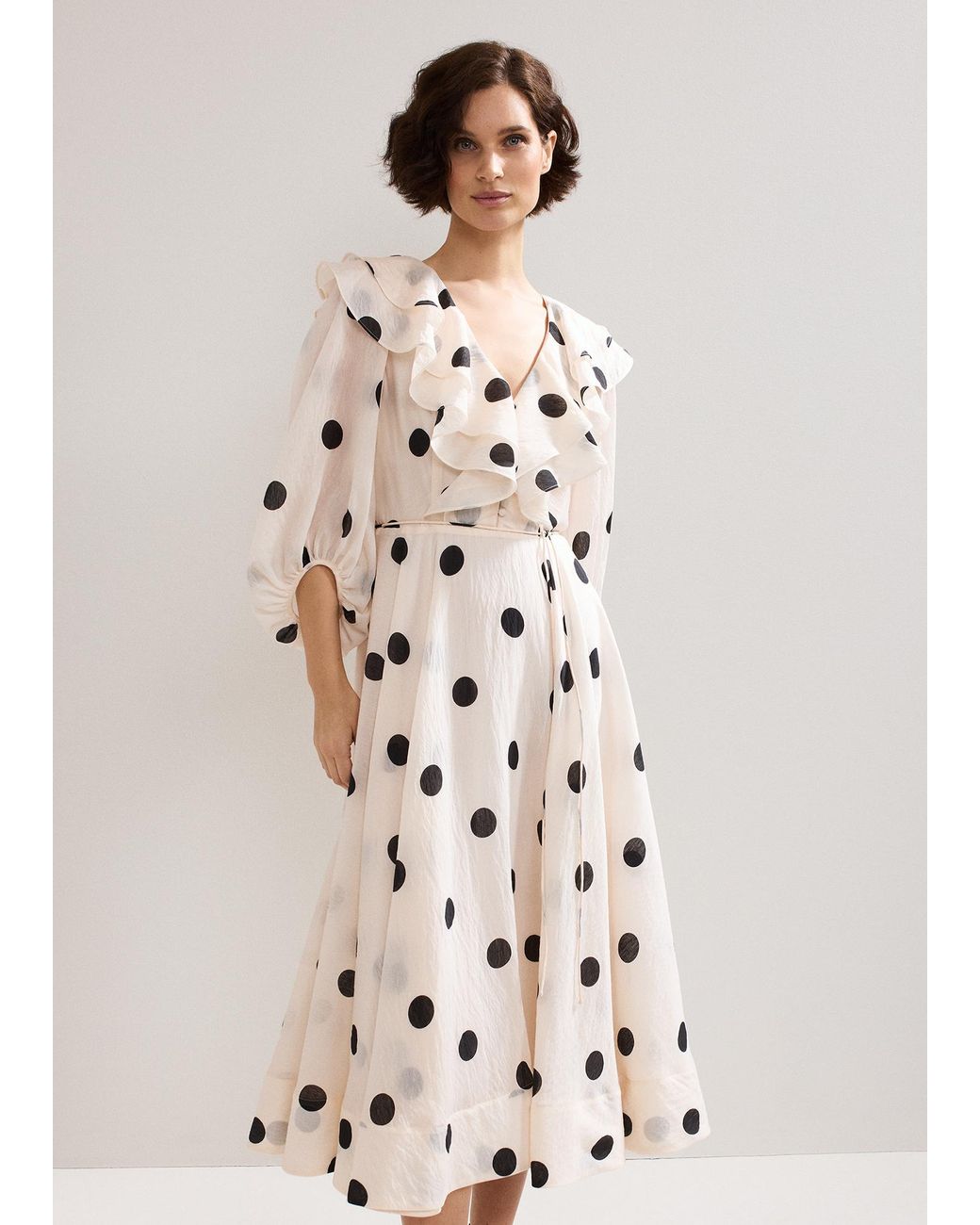 Phase Eight Natural Jaqlyn Spot Ruffle Belted Midi Dress