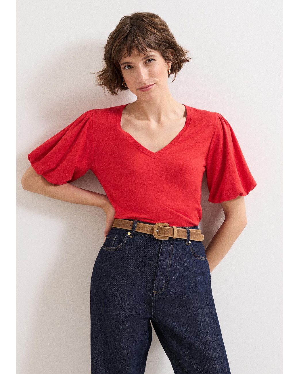 Phase Eight Red Courtney V Neck Puff Sleeve Knit Top