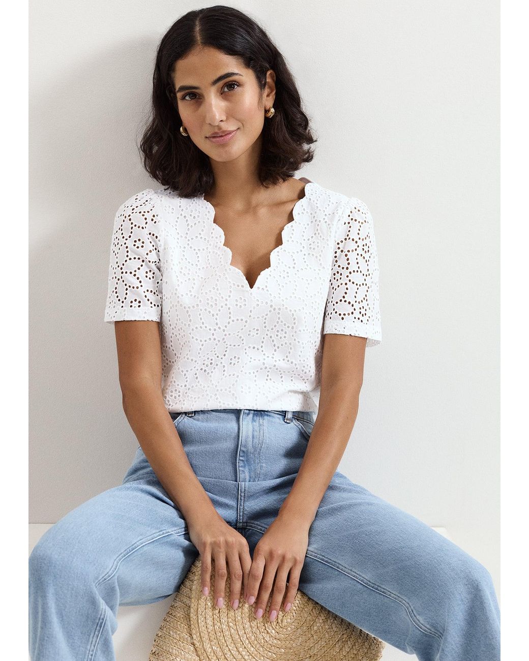 Phase Eight White Freya Broderie Scallop T Shirt