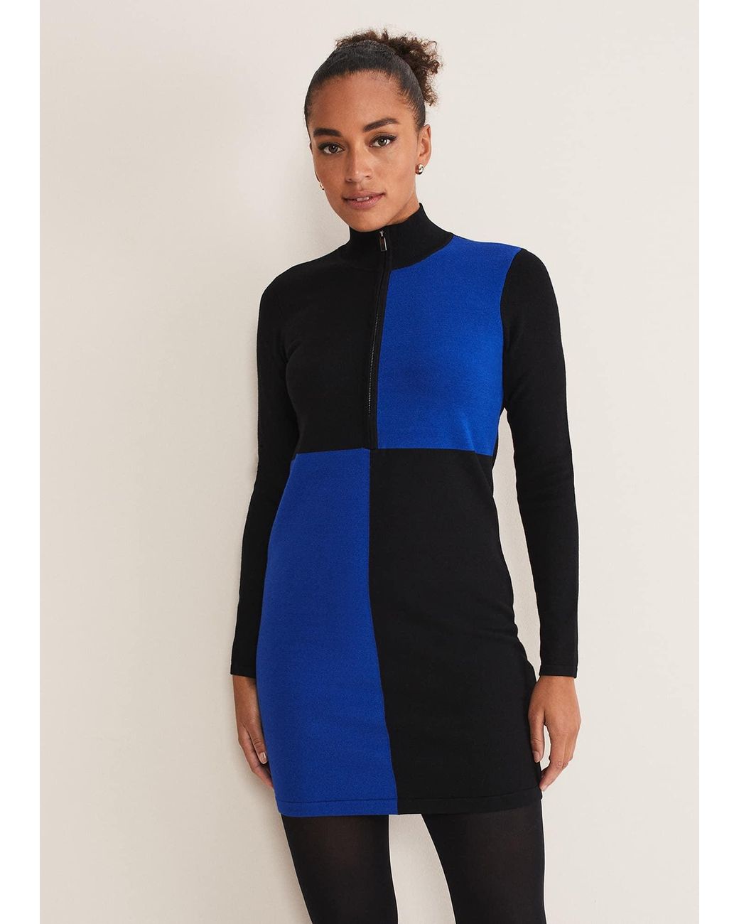 Phase Eight Blue Arden Zip Detail Colour Block Knit Dress