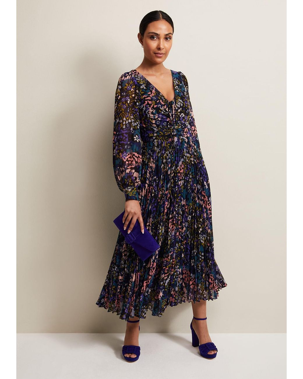 Phase Eight Blue Petite Kindra Floral Pleated Midi Dress