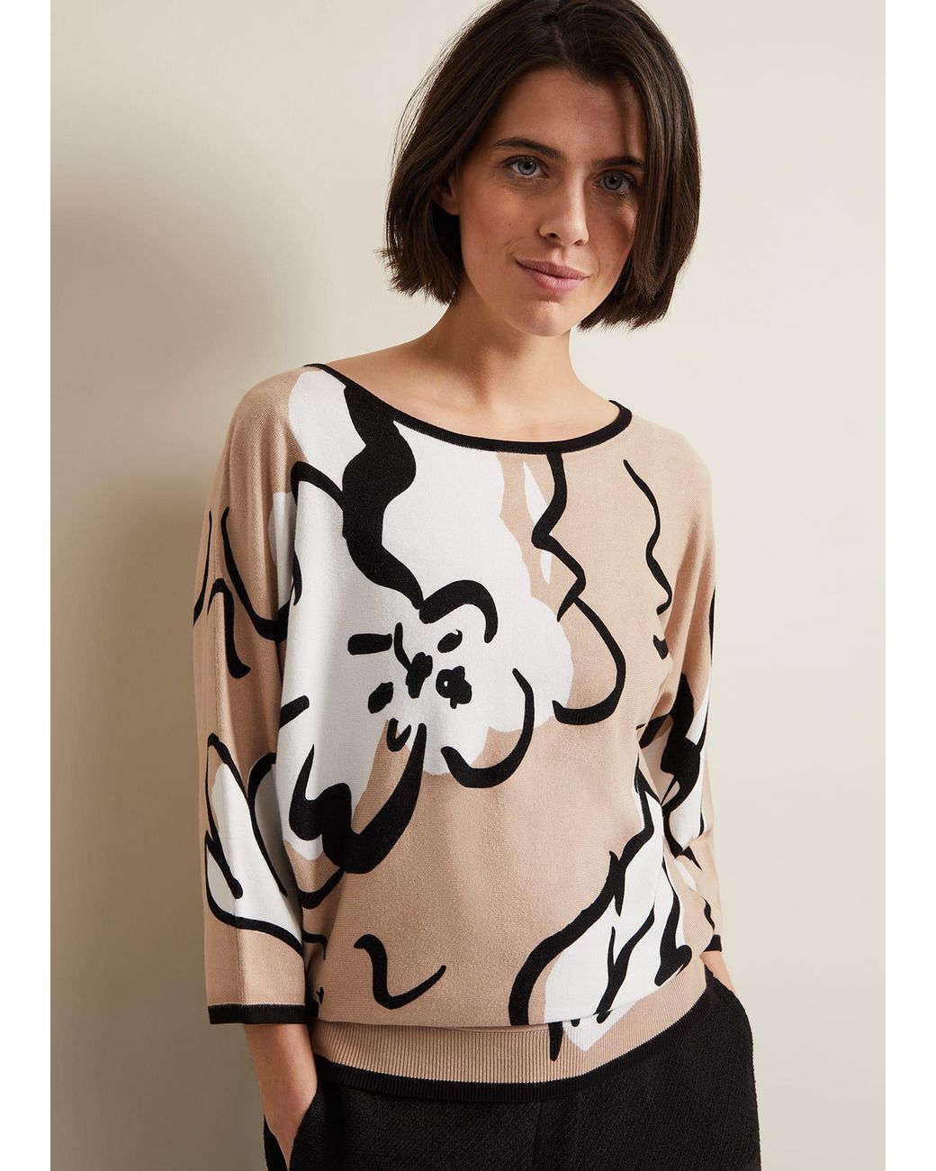Phase Eight Natural Laurie Ink Floral Knitted Top
