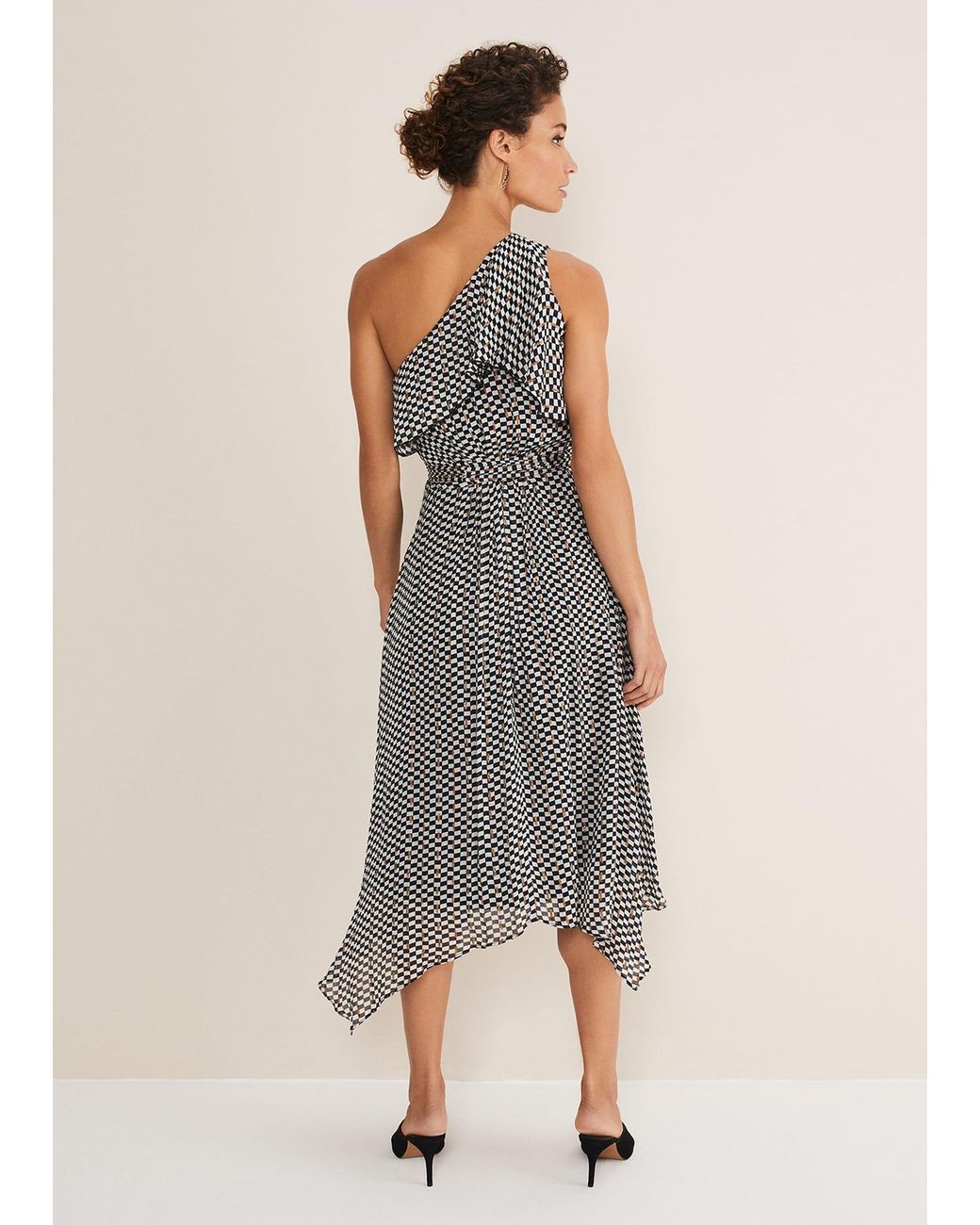 Phase Eight Natural Kaz Checked One Shoulder Midi Dress