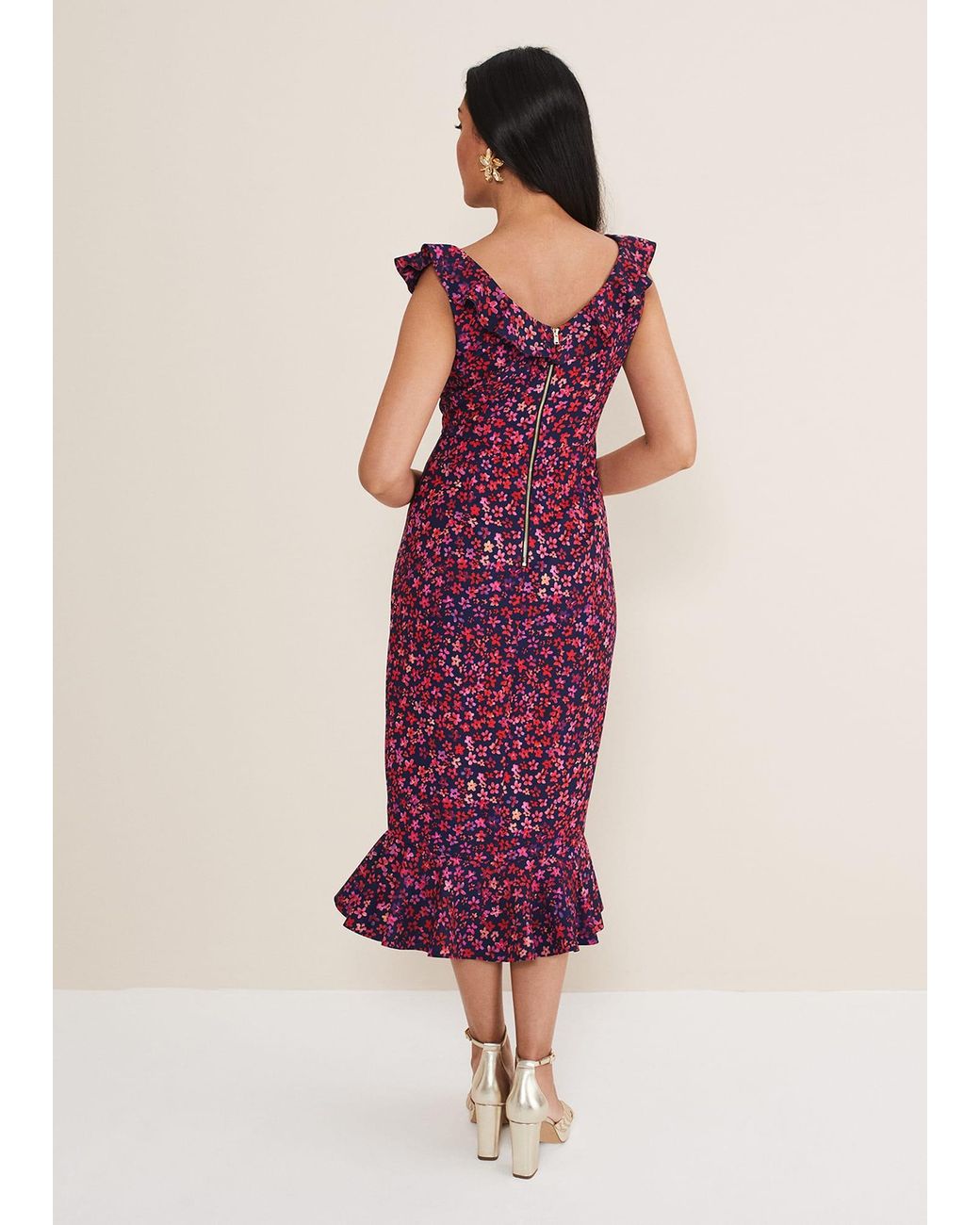 Phase Eight Purple Petite Viola V-Neck Ditsy Frill Dress