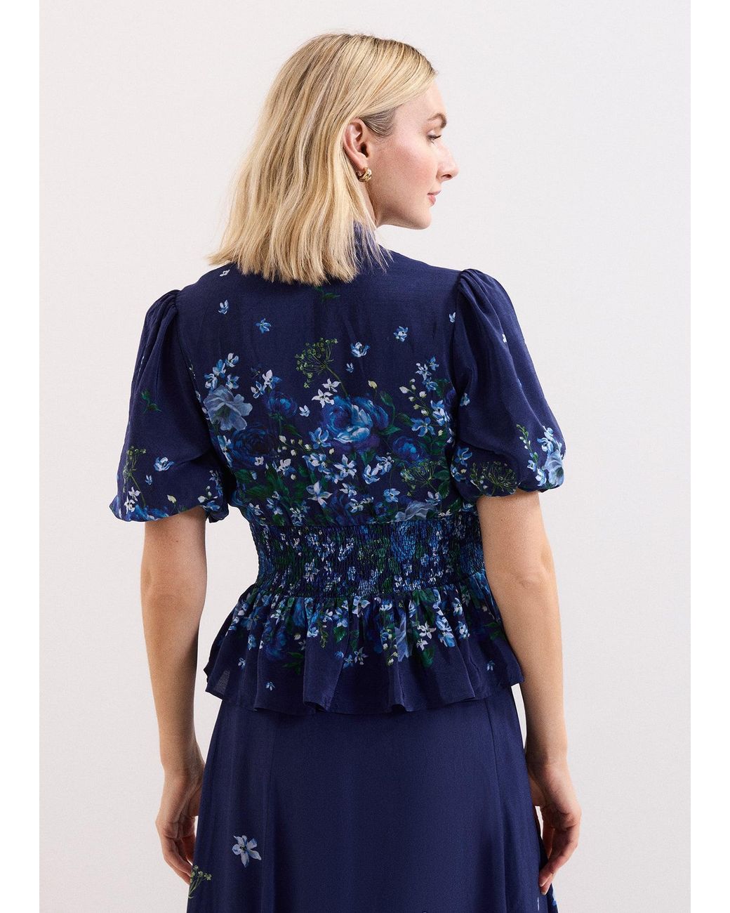 Phase Eight Blue Safa V-Neck Floral Gathered Blouse