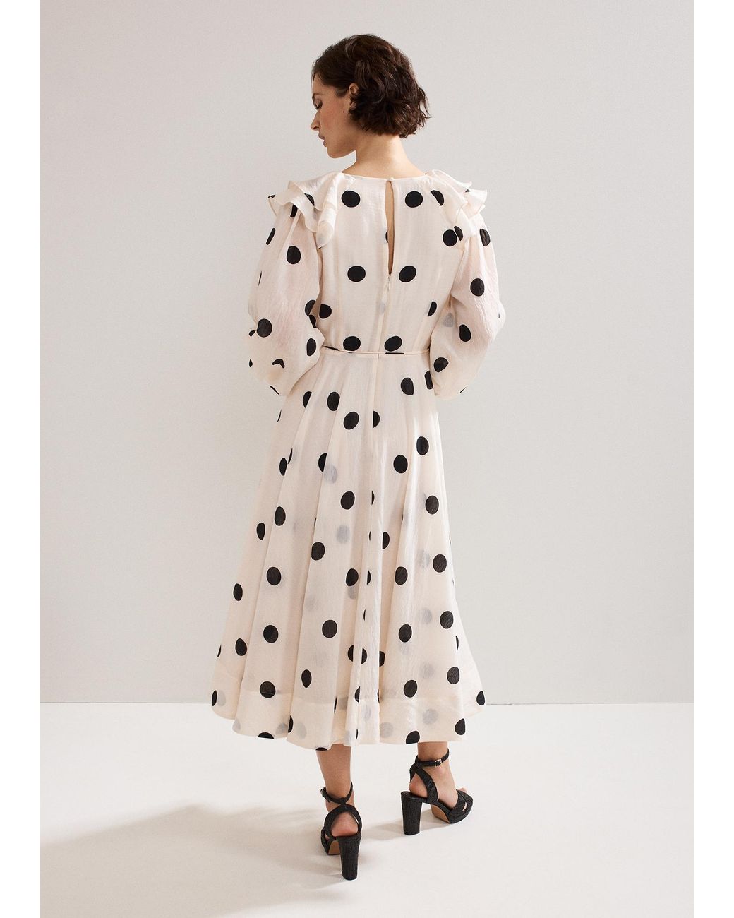 Phase Eight Natural Jaqlyn Spot Ruffle Belted Midi Dress