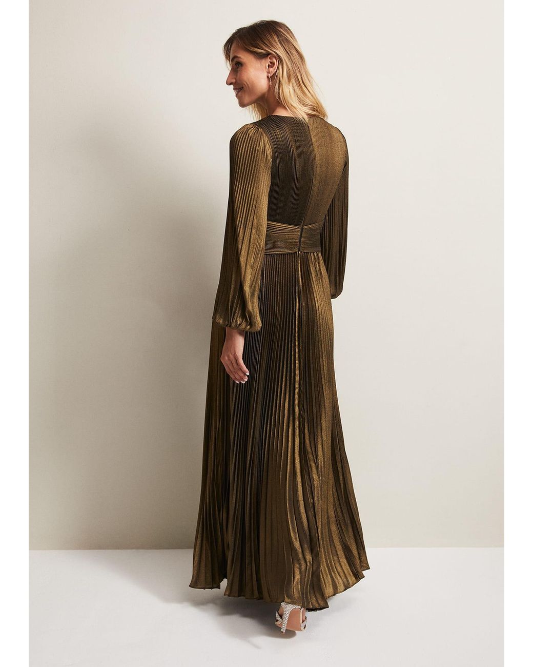 Phase Eight Natural Adrianna Foil Pleated Maxi Dress