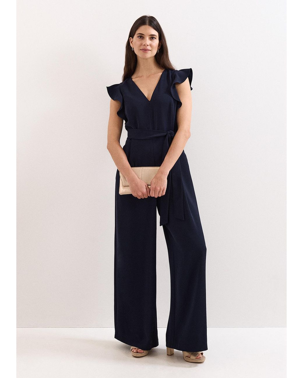 Phase Eight Blue Kallie V Neck Frill Jumpsuit