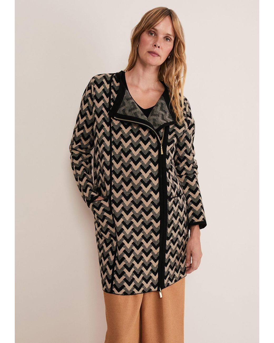 Phase Eight Natural Perrie Geo Jacquard Knit Coat