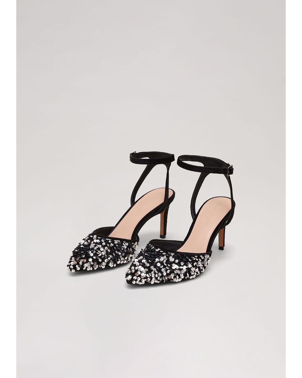Phase Eight White Velvet & Sequin Pointed Ankle Strap Shoe