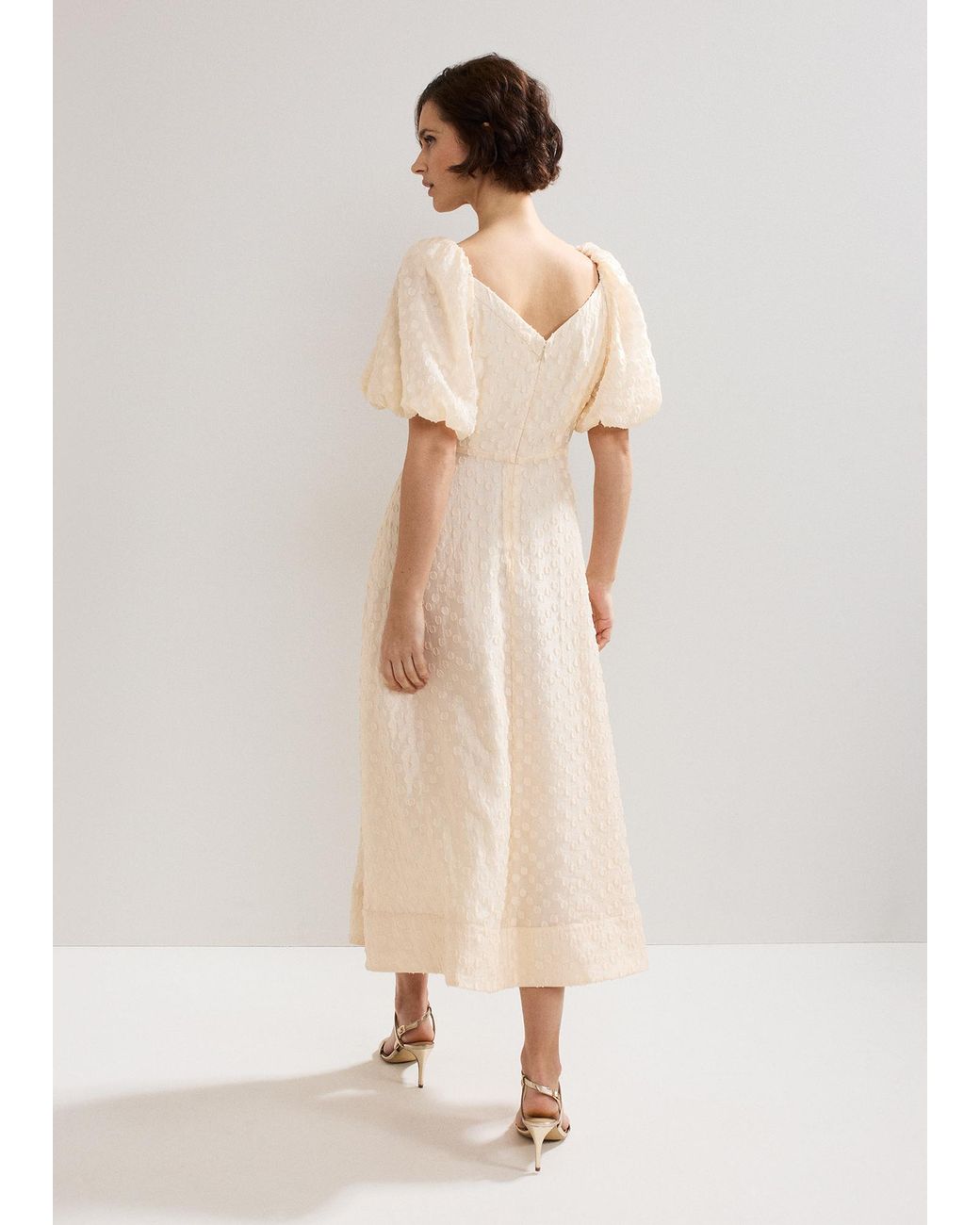 Phase Eight Natural Bonnie Textured Puff Sleeve Midi Dress