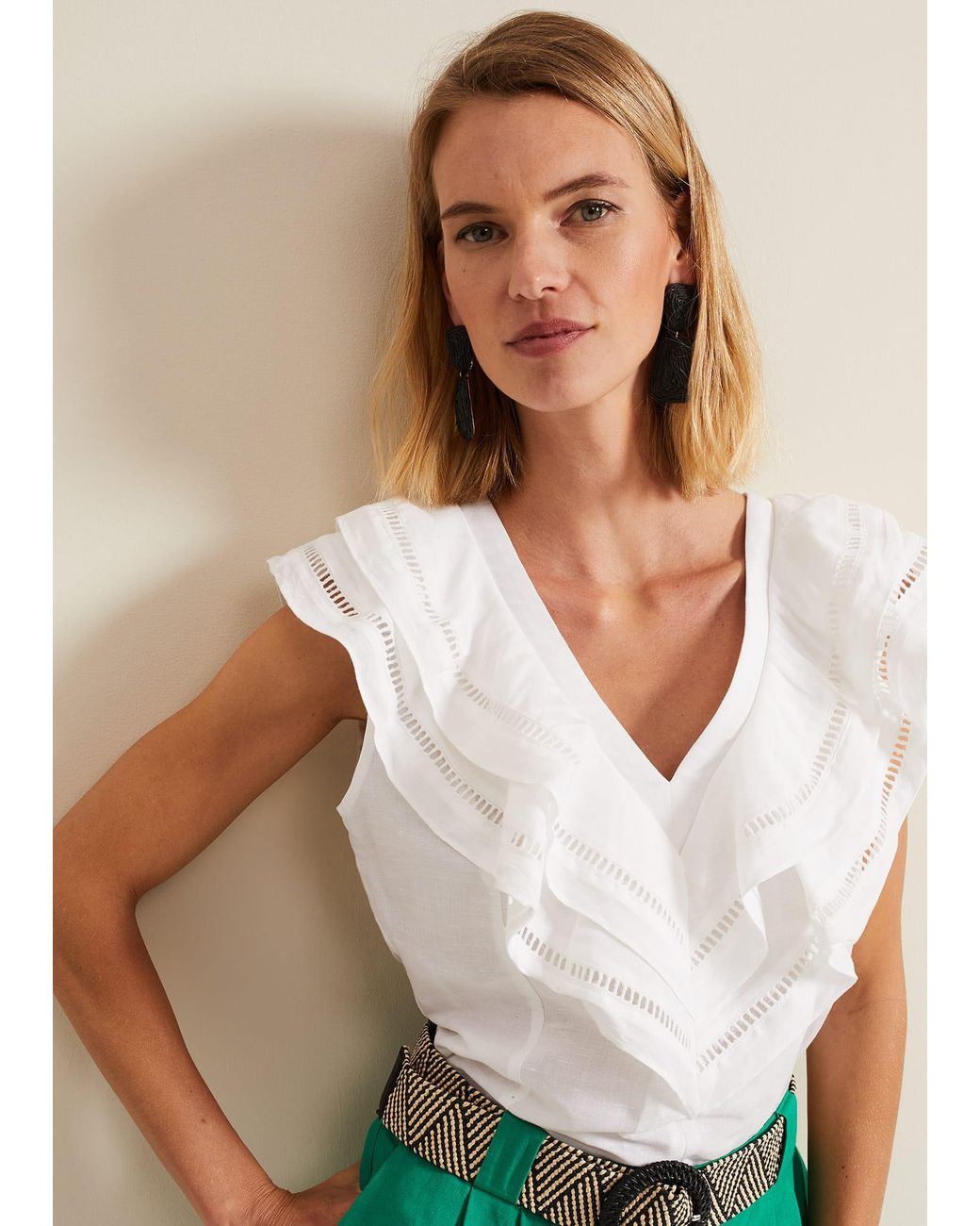 Phase Eight White Rosey Linen Ruffle Top