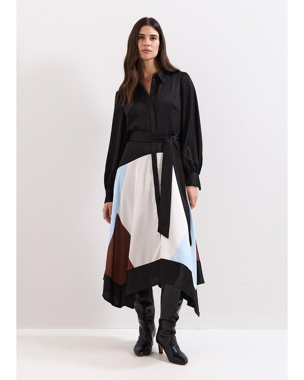Phase Eight White Samalie Satin Colourblock Hanky Hem Dress