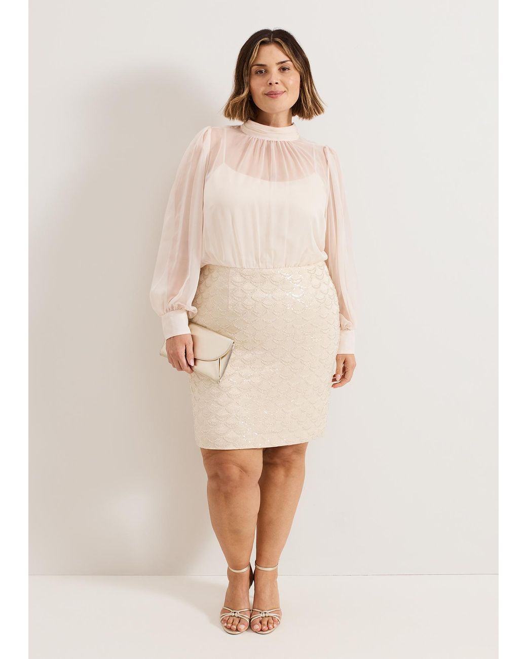 Phase Eight Natural Amina Sequin Skirt Chiffon Top Dress