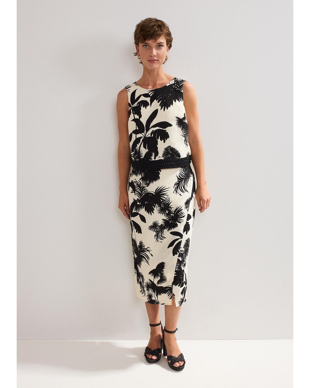 Phase Eight Black Vittoria Linen Blend Leaf Print Skirt