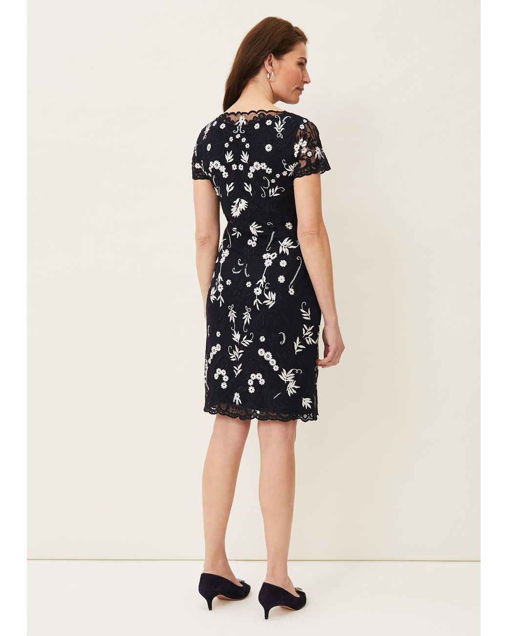 Phase Eight Blue Floris Floral Embroidered Knee Length Dress