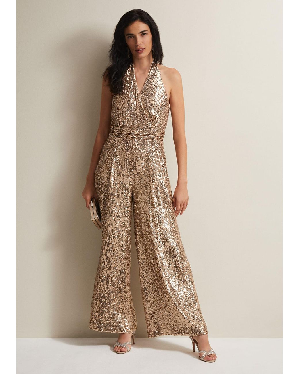Phase Eight Natural Clarabella Sequin Halterneck Jumpsuit
