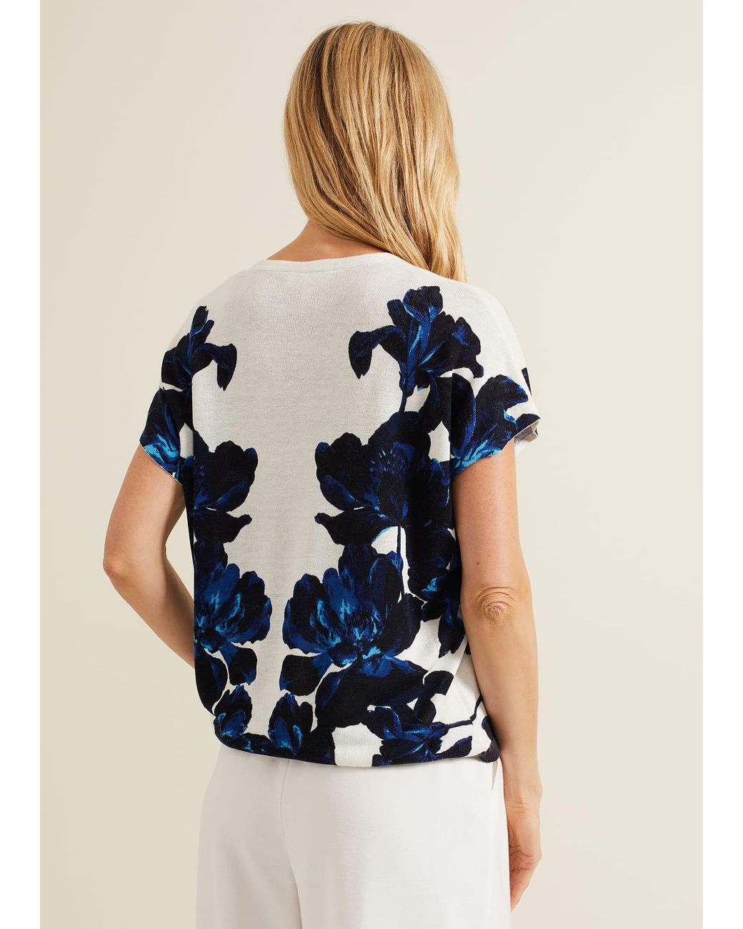 Phase Eight Blue Mia Floral Print Linen Knit Top