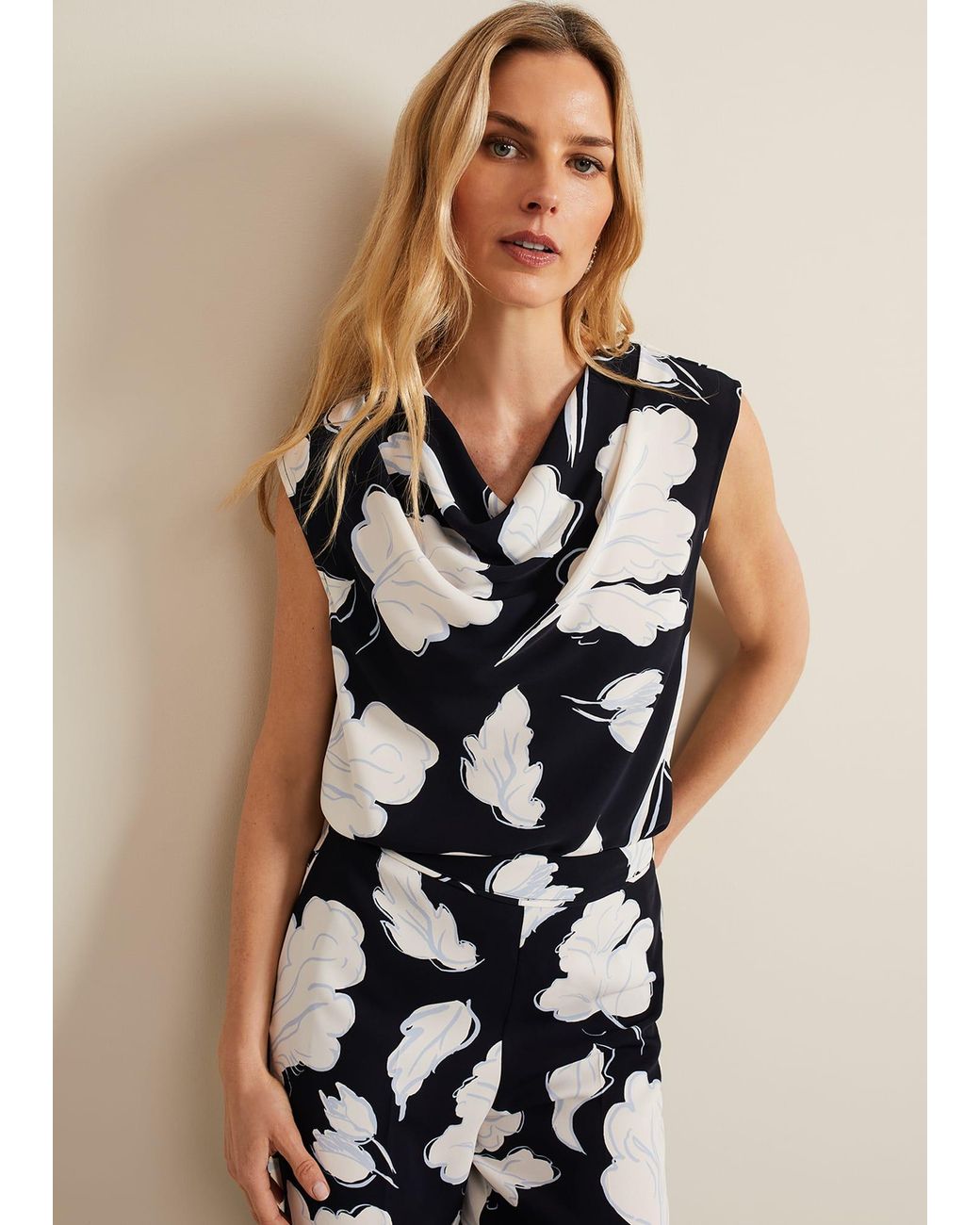 Phase Eight Natural Noelle Leaf Print Cowl Neck Top